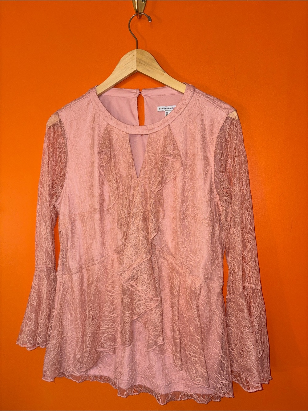Isaac Mizrahi Live  Dusty Pink Lace Ruffle Blouse Woman’s Size 10 Poets Sleeve